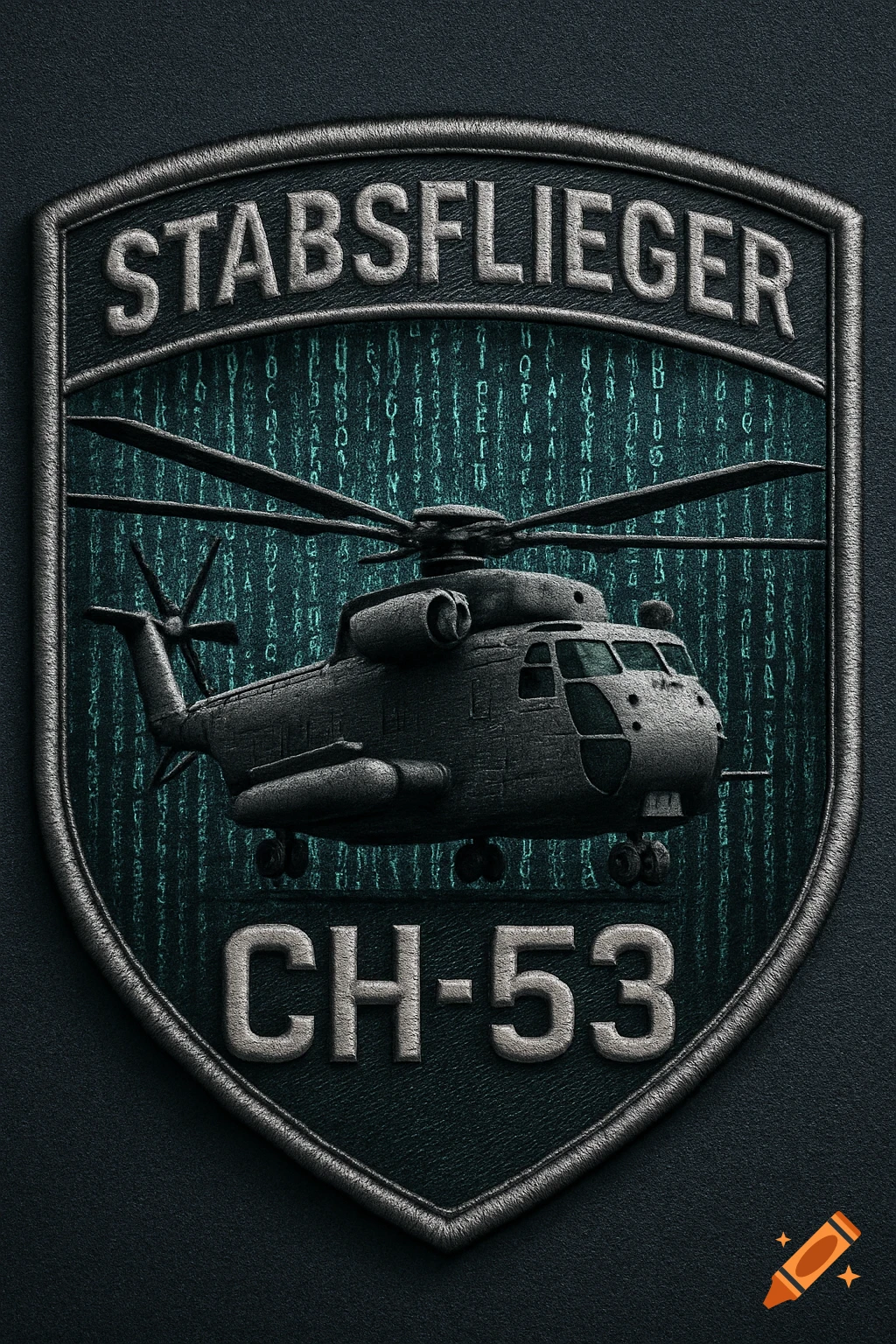 An embroidered military patch featuring a dark grey CH-53 helicopter on a turquoise digital matrix background with "STABSFLIEGER" and "CH-53" text.