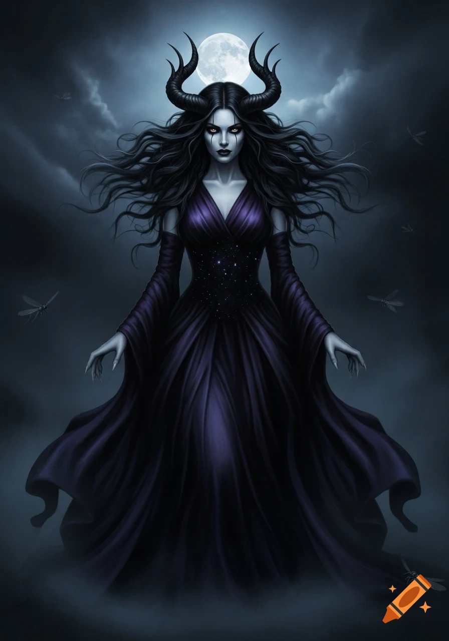 A dark fantasy goddess with black horns, long flowing hair, and pale skin, wearing a purple and black dress, stands against a full moon and cloudy night sky.