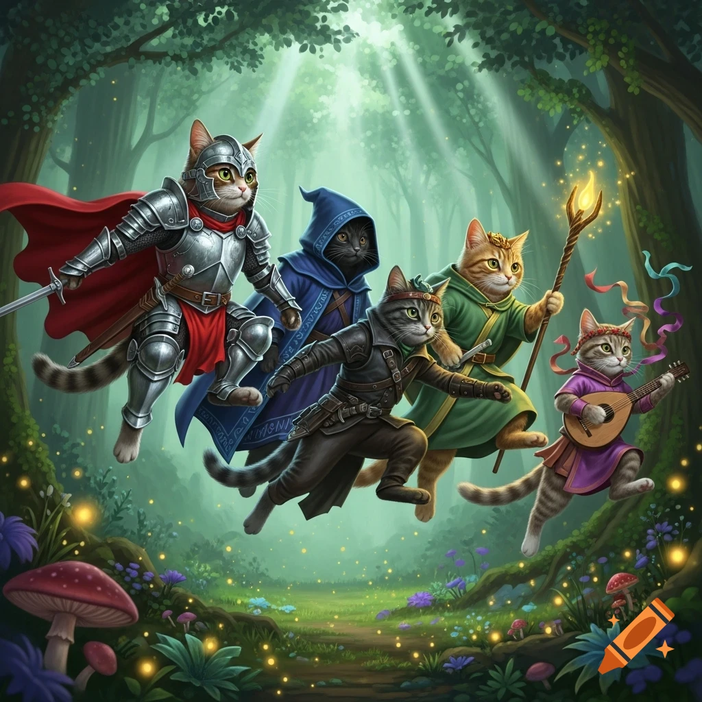 A group of five hyperrealistic cats dressed as D&D characters, including a knight, wizard, rogue, and bard, jump through a mystical forest.