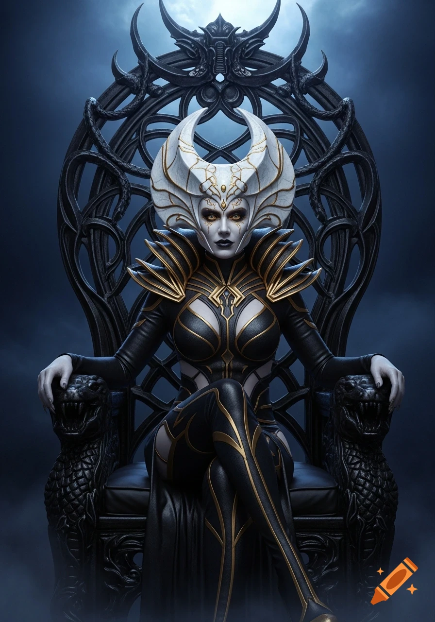 A pale-skinned dark fantasy villainess with white, horned headgear sits regally on an ornate black throne, wearing a black and gold suit.