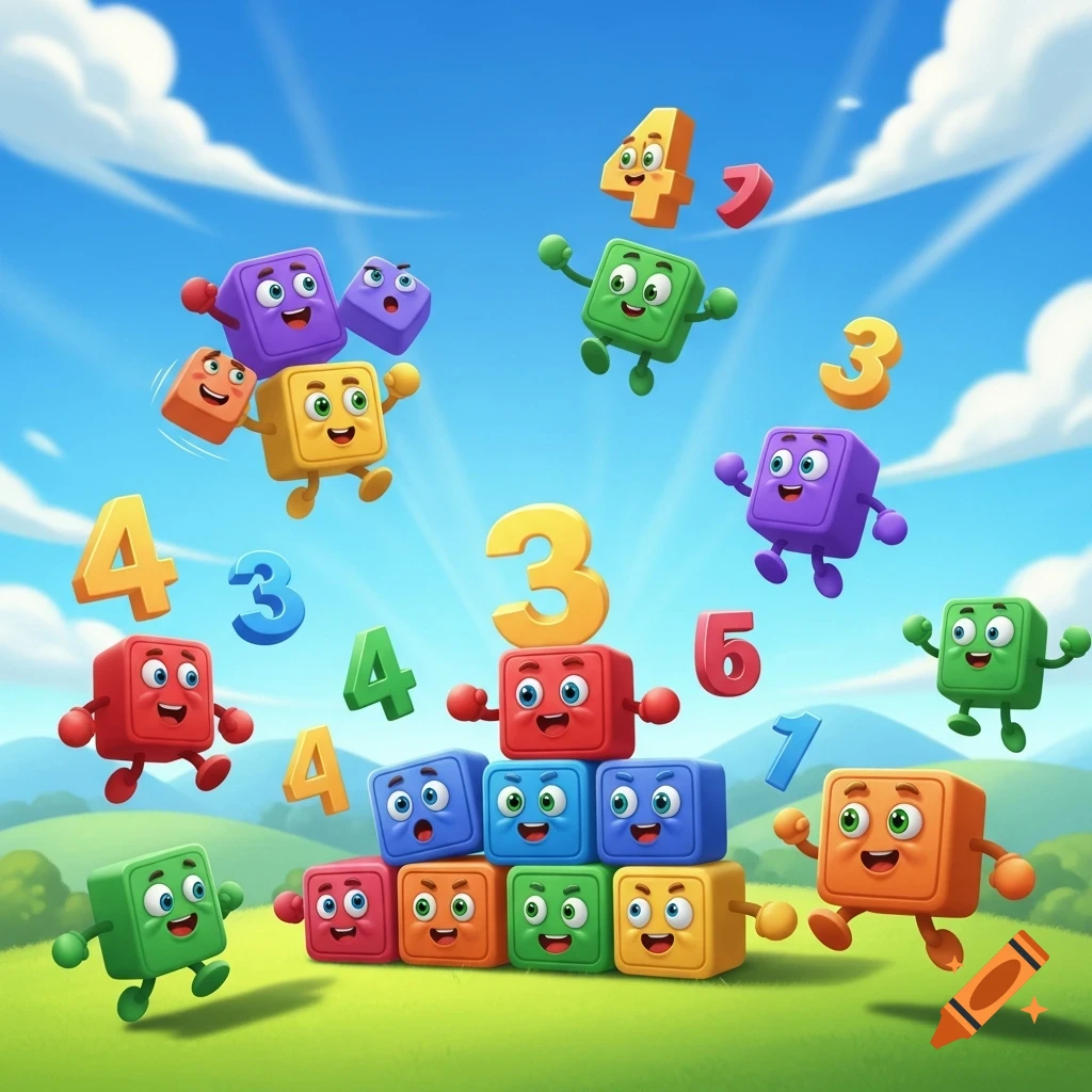 A vibrant cartoon scene with cheerful, colorful blocks featuring numbers like 1, 3, 4, 5, some stacked, some floating in a sunny sky.