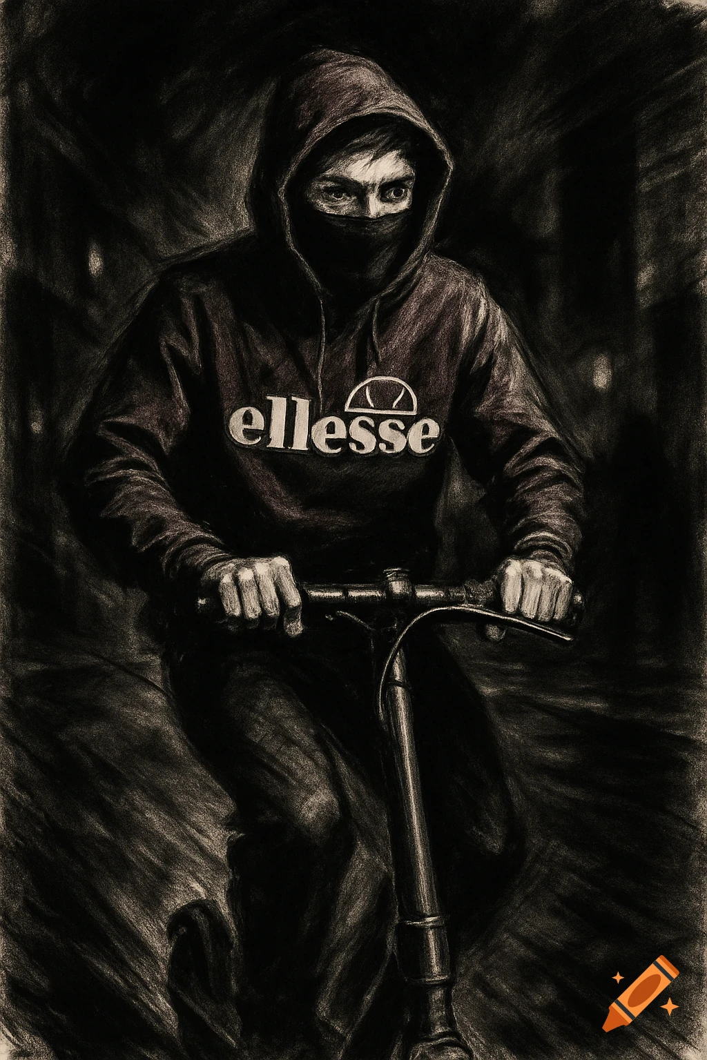 Charcoal drawing of a young man in a hoodie and face mask riding an e-scooter.