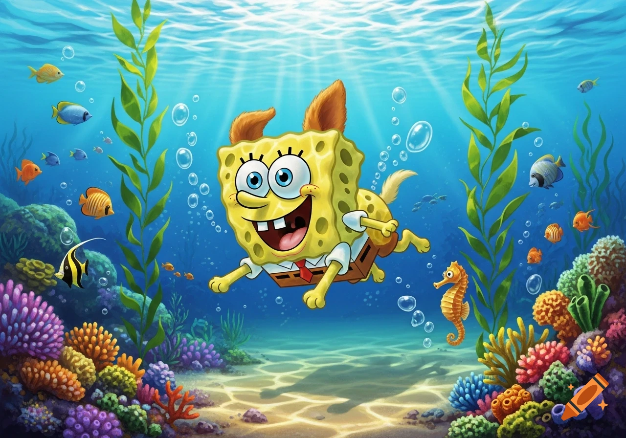Spongebob with dog ears and tail swims joyfully underwater with coral reefs, fish, and seaweed.