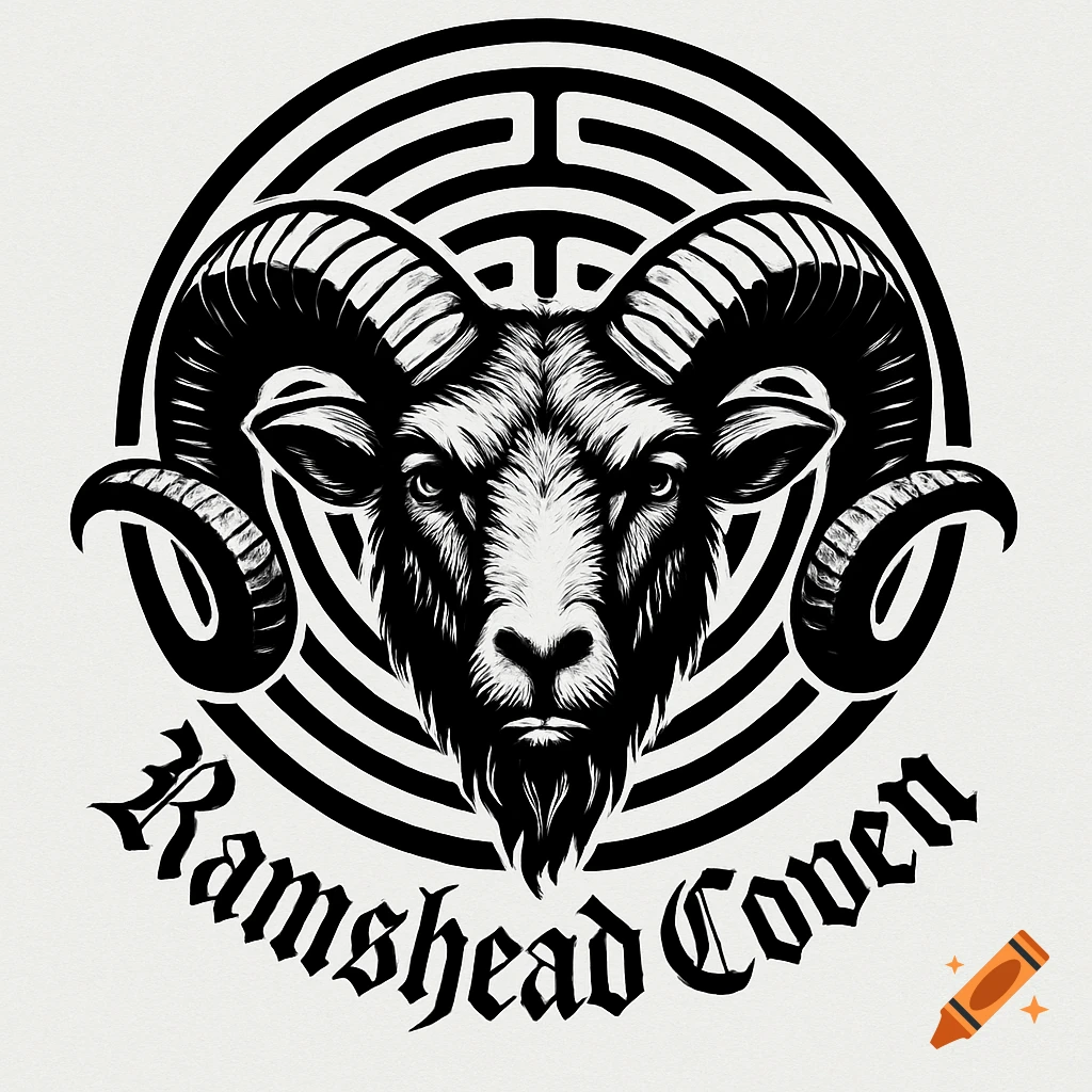 A black and white logo featuring a detailed ram's head centered within a circular labyrinth pattern, with "Ramshead Coven" text below.