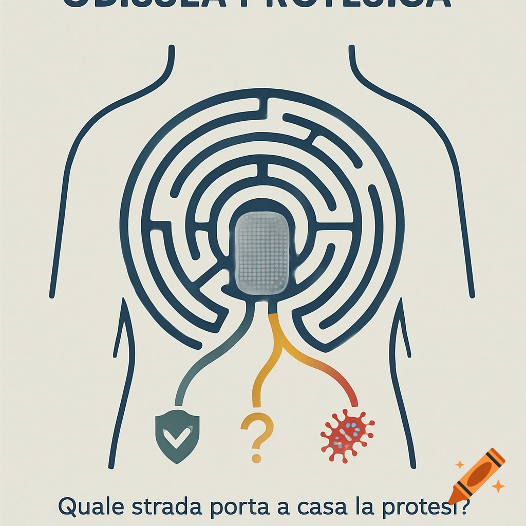 Minimalist medical illustration showing a stylized human torso with a labyrinth, a prosthetic mesh, and three paths representing healing, complication, and infection.