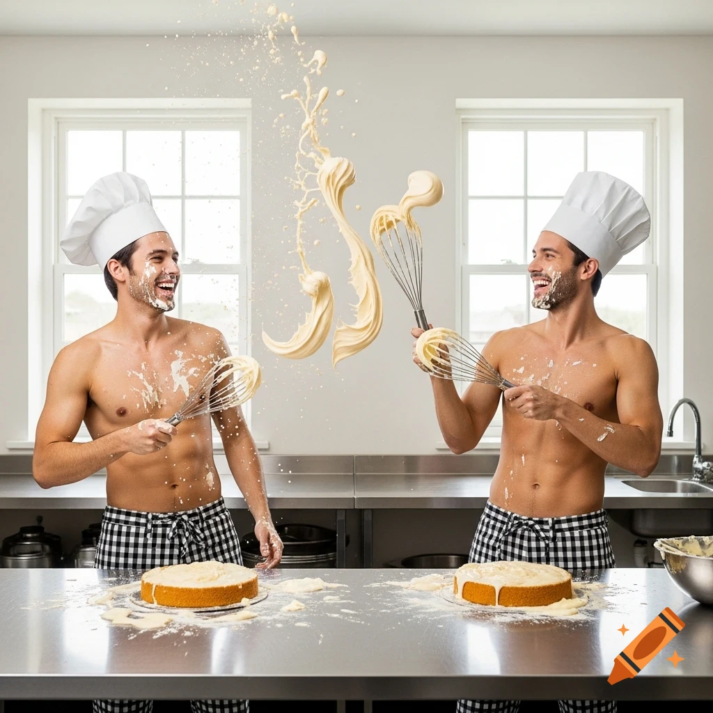 Two laughing shirtless male chefs in hats and checkered pants covered in cake batter, playfully throwing more batter in a messy kitchen.
