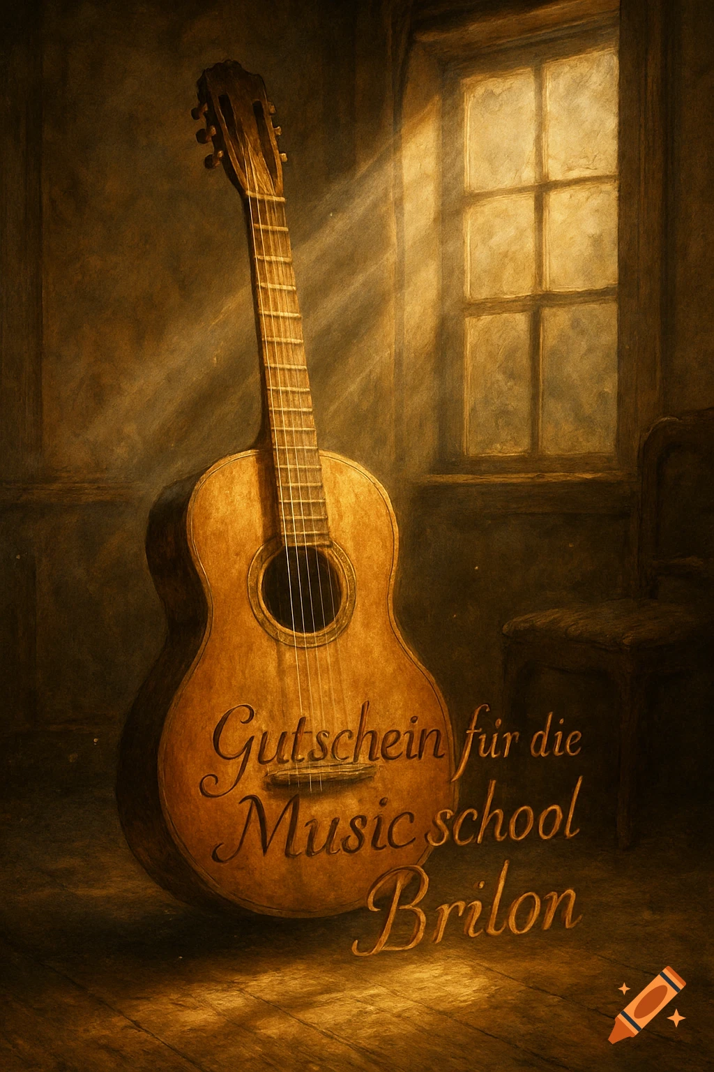 An acoustic guitar leans in an old, sunlit room, with "Gutschein für die Music school Brilon" on its body. Painterly style.