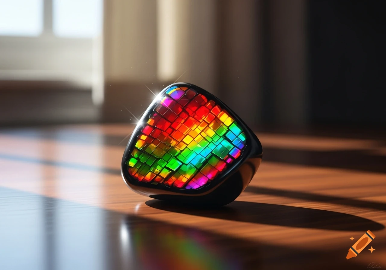 A close-up shot of a polished ammolite gemstone with iridescent rainbow colors, resting on a glossy wooden surface bathed in sunlight.
