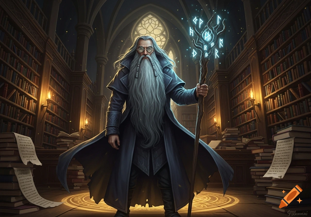 A grey-bearded wizard in a blue trench coat and glasses stands in a grand library, holding a glowing staff with runes.