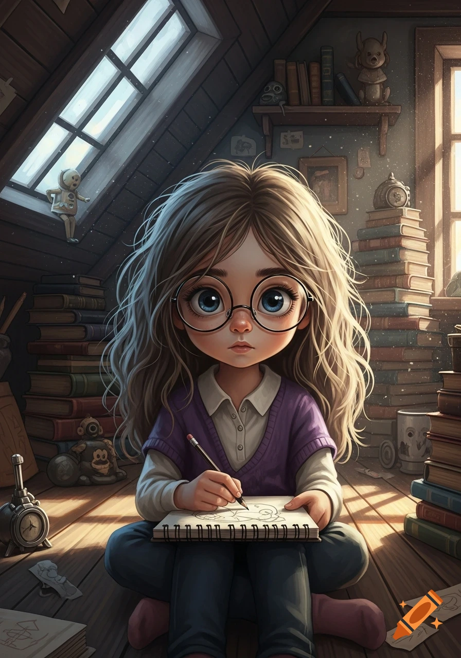 A cute girl with big glasses and long brown hair sits on a wooden floor in an attic, drawing in a sketchbook surrounded by stacks of books.