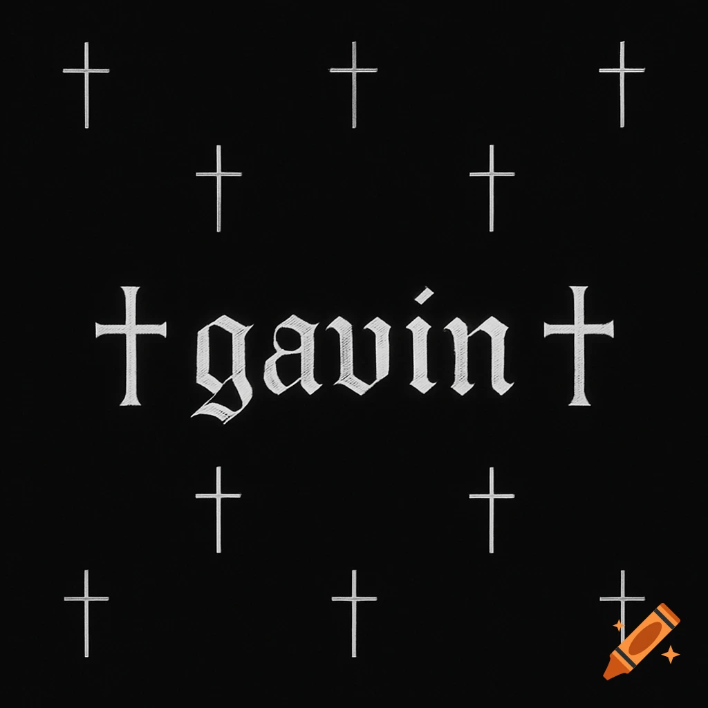 Gothic 'gavin' text and multiple white crosses on a black background.