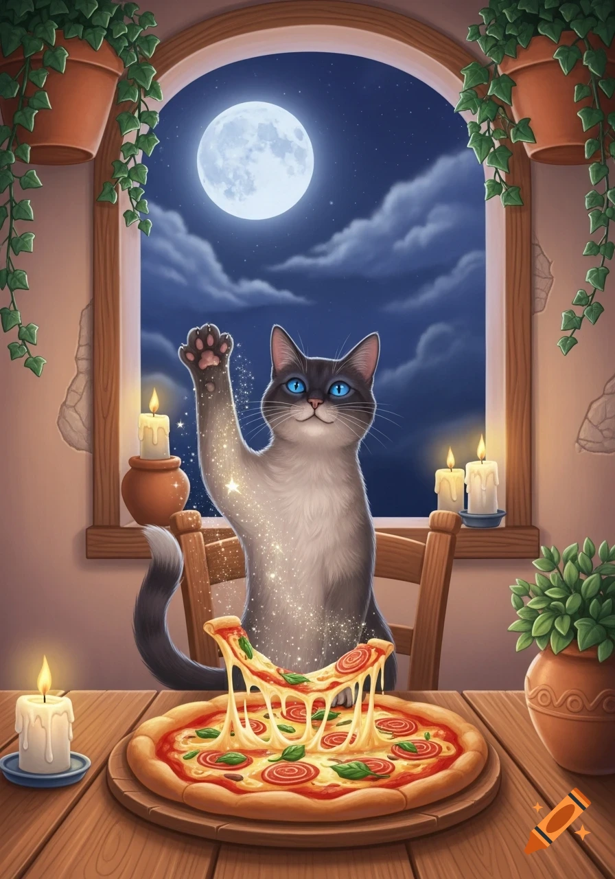 Stylized illustration of a blue-eyed cat raising a sparkly paw over a cheesy pizza, with a full moon outside a window.