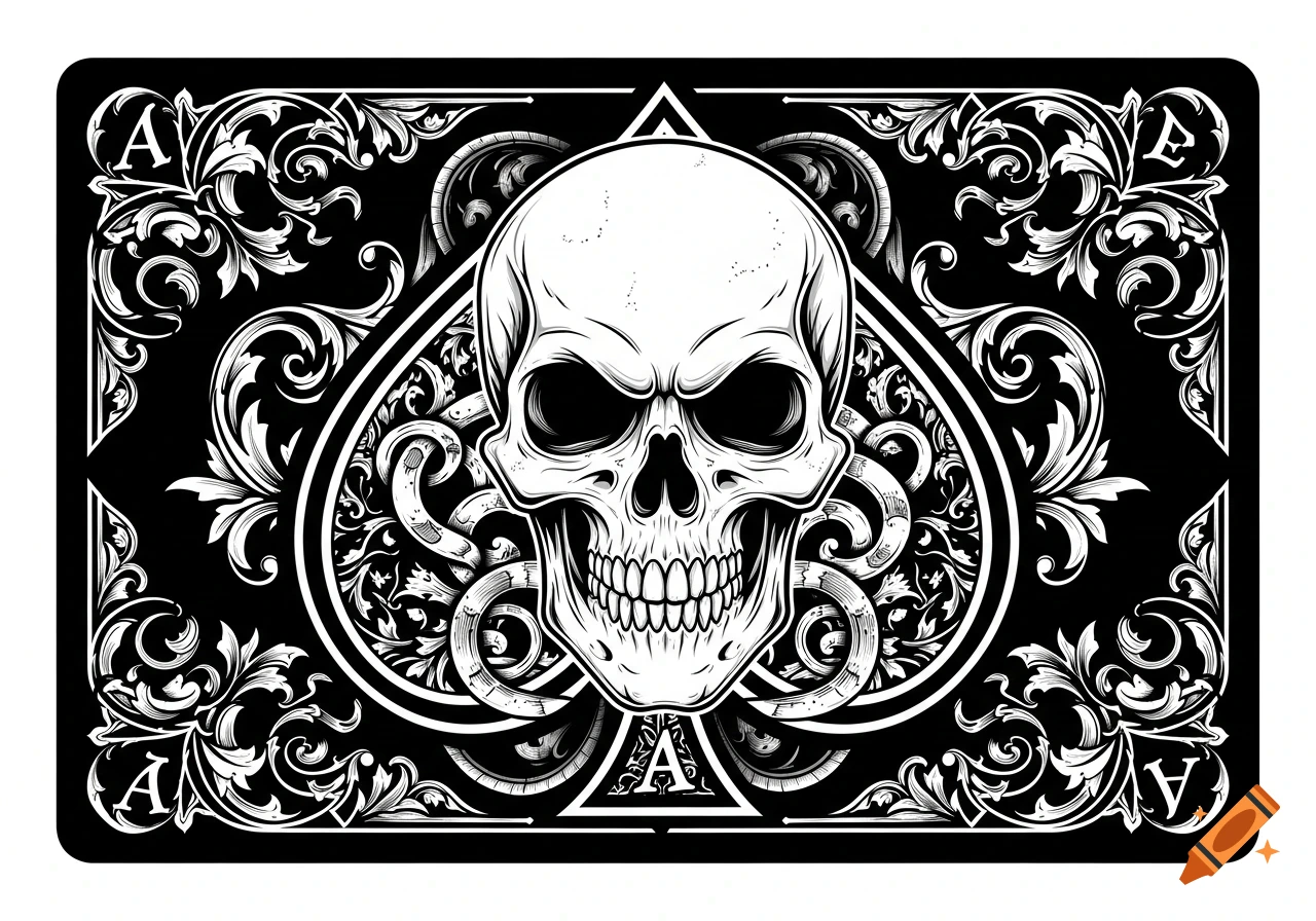 A black and white vector illustration of a skull centered within an ornate spade symbol, resembling an Ace of Spades playing card.