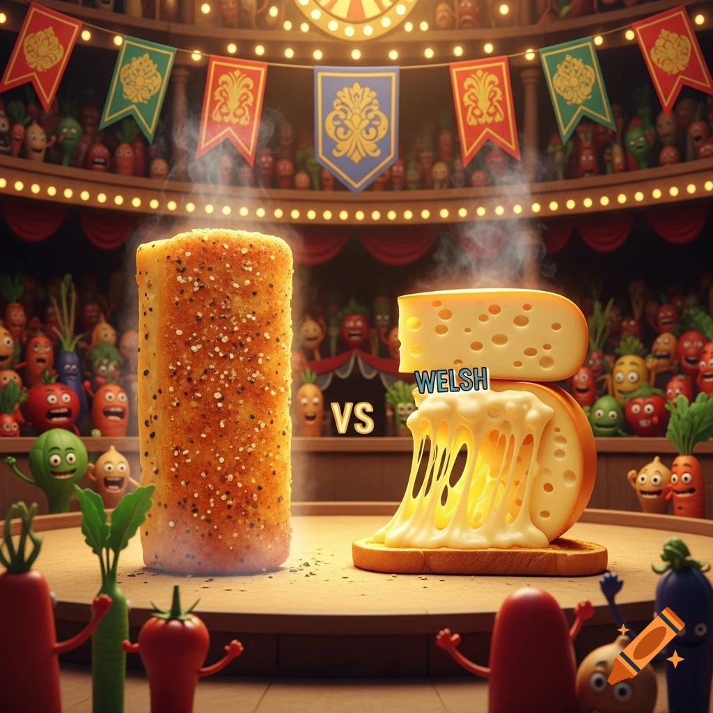 A steaming fried roll faces a melted cheese Welsh rarebit labeled 'WELSH', with 'VS' between them, in an arena with cheering cartoon vegetables.