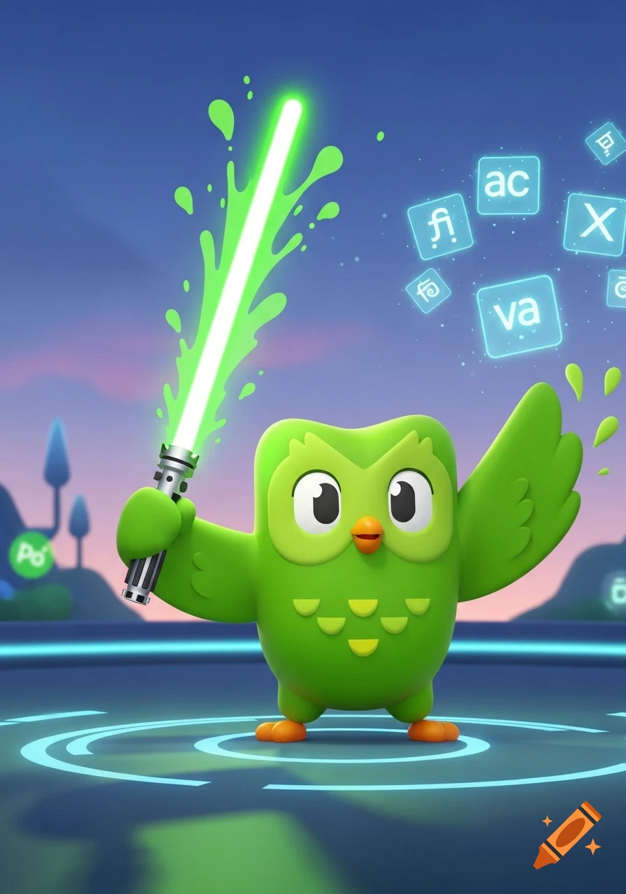 Duo, the Duolingo owl, wields a glowing green lightsaber amidst floating language characters against a blue sky.