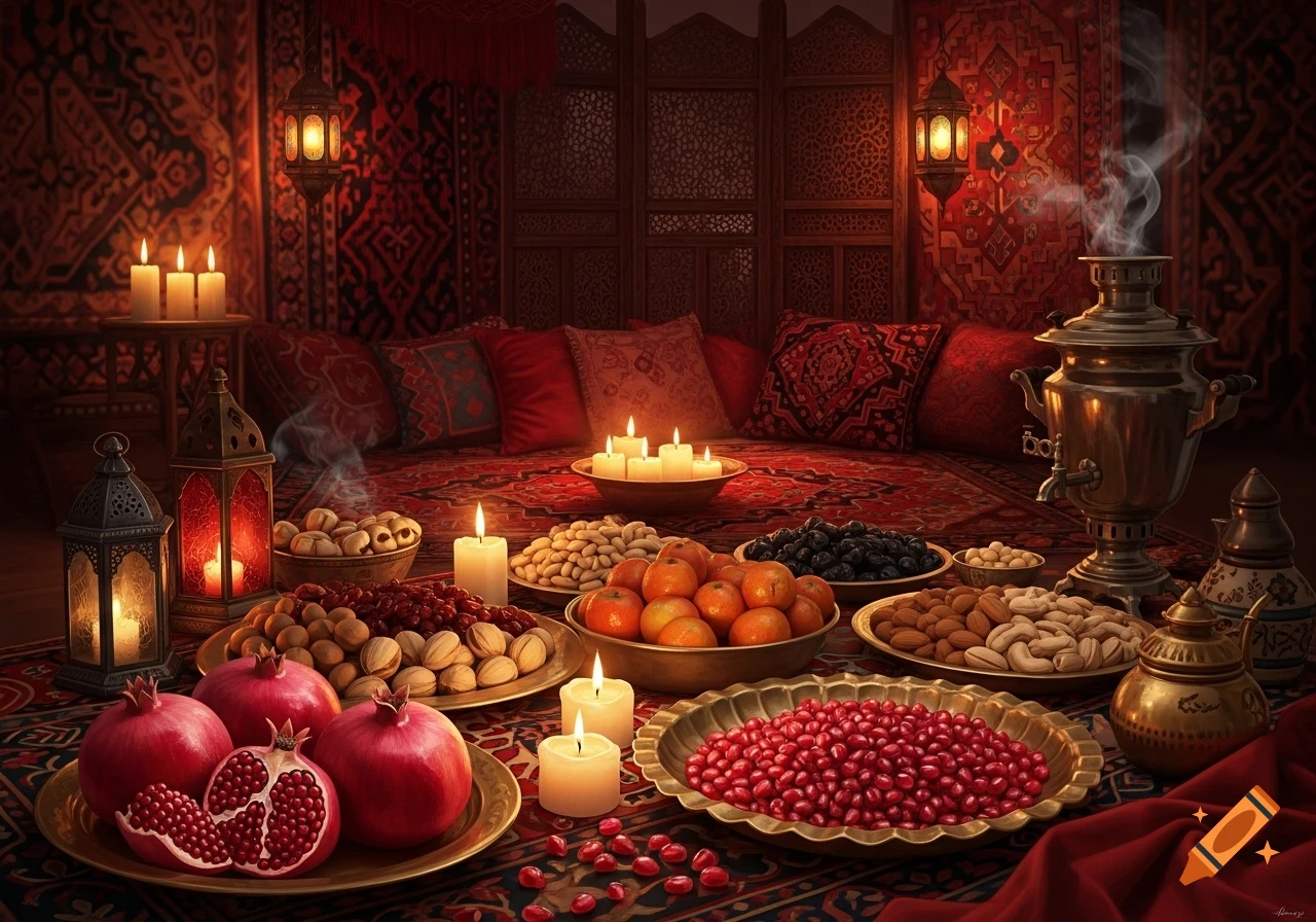 A vibrant Yalda Night celebration scene with pomegranates, nuts, mandarins, a samovar, and lit candles on a richly patterned red carpet.