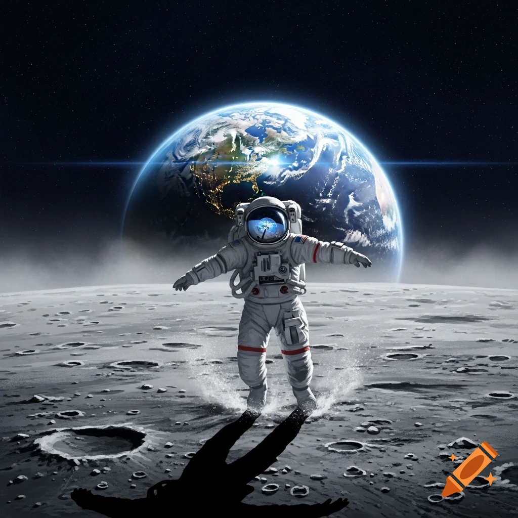 A photorealistic image of an astronaut dancing on the Moon's cratered surface, with a brightly lit Earth in the background.