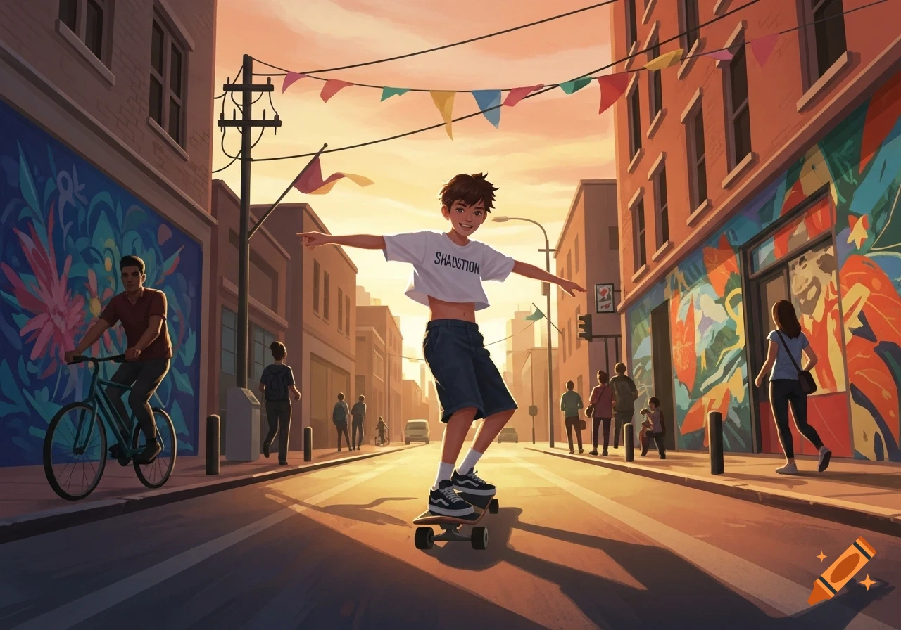 Illustrated boy skateboarding with arms out on a sunny city street with murals and buildings.