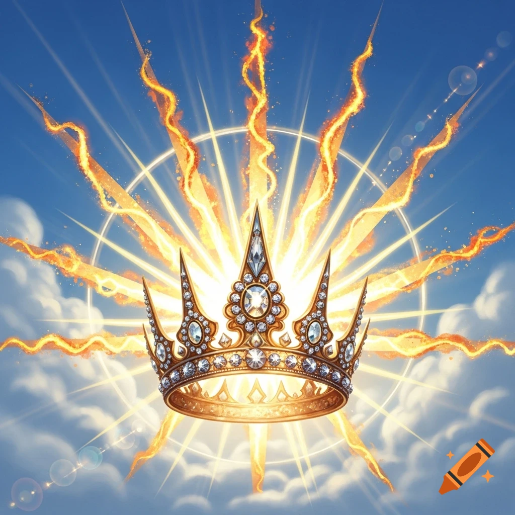 A regal gold crown adorned with sparkling jewels, radiating bright sunbeams and fiery energy against a blue sky with clouds.