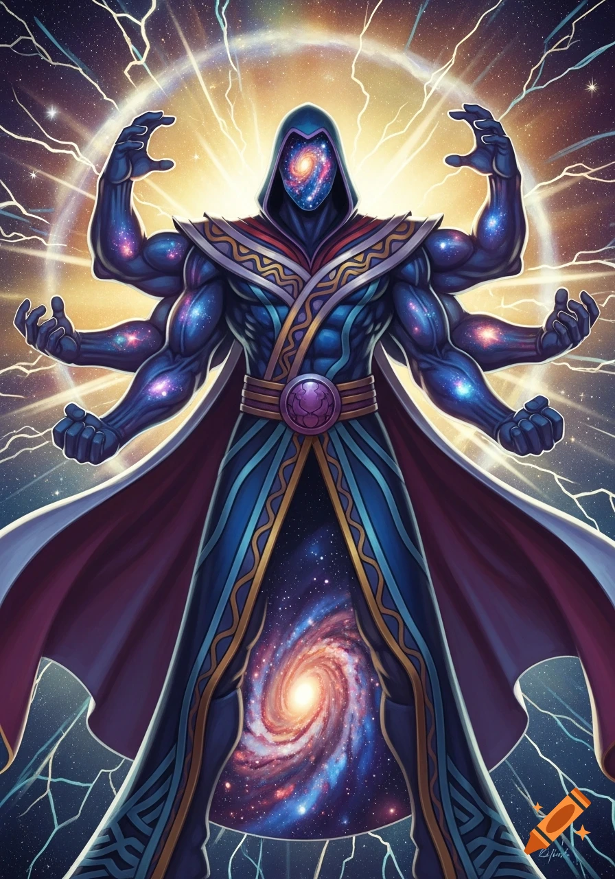 A powerful four-armed cosmic wizard in a hooded cloak, with a galaxy for a face and body, standing amidst crackling energy.