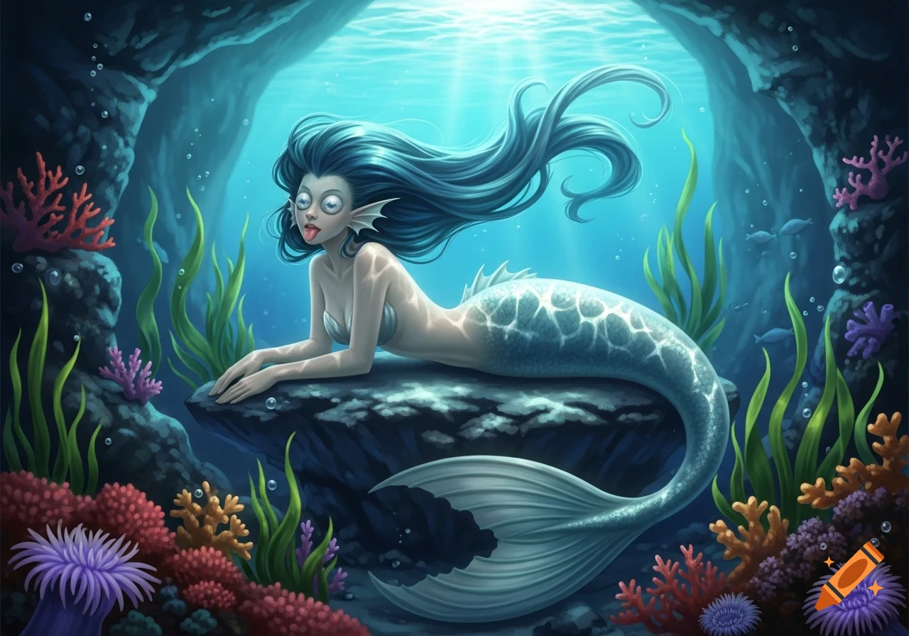 An illustrative fantasy image of a blue-haired mermaid with large eyes and a tongue sticking out, lying on a rock in a vibrant underwater cave.