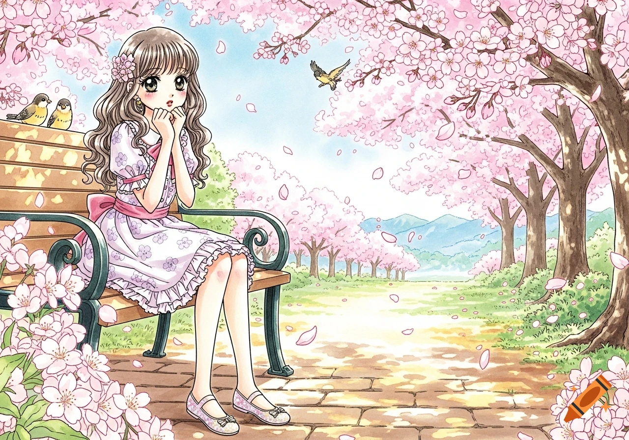 A manga girl with long brown hair in a light purple dress sits on a park bench under cherry blossom trees with birds nearby, petals falling.