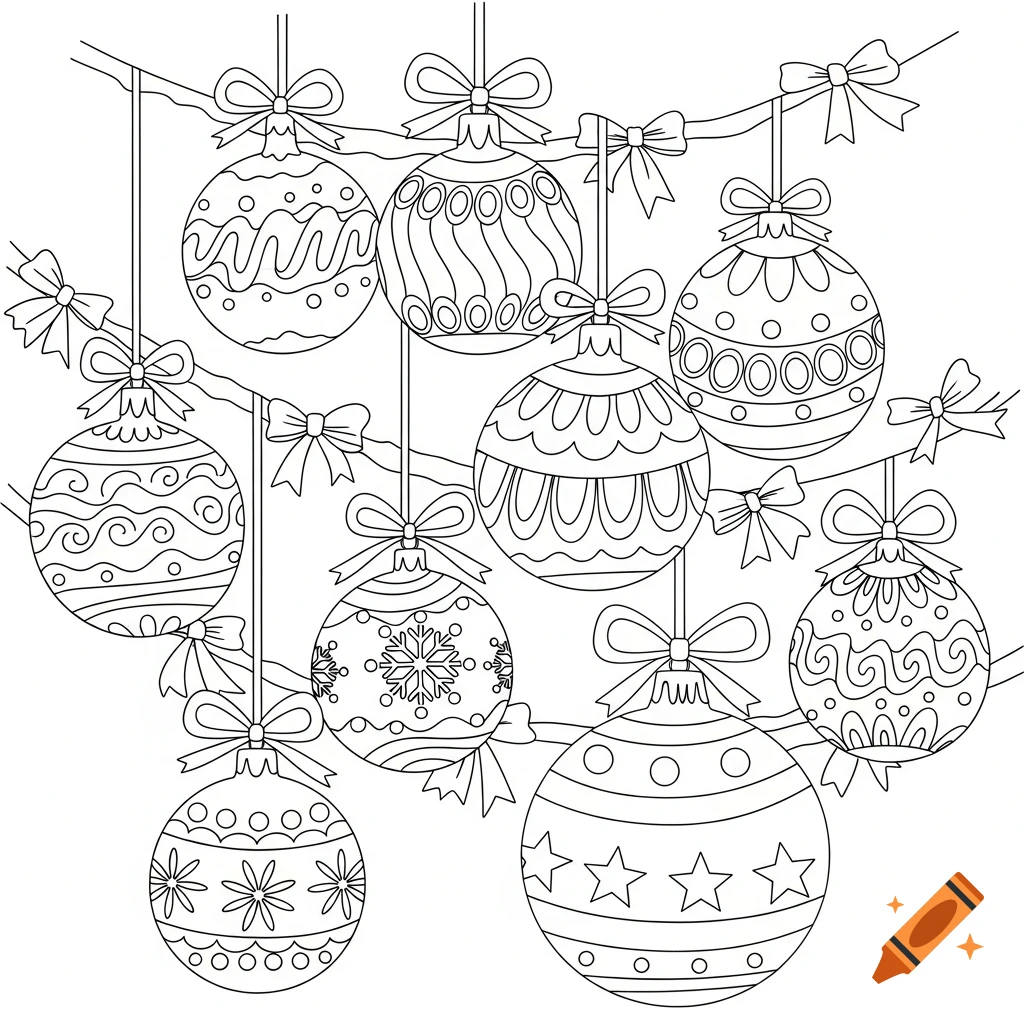 Black and white coloring page of multiple ornate Christmas tree ornaments and bows hanging on a string.