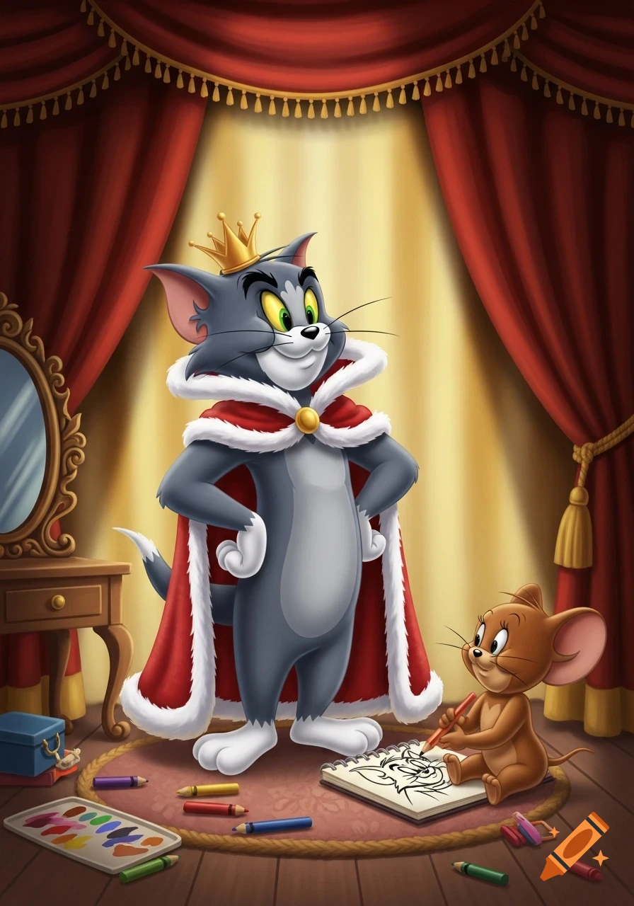 Tom the cat in a king's robe and crown poses while Jerry the mouse draws him in a cartoon style.