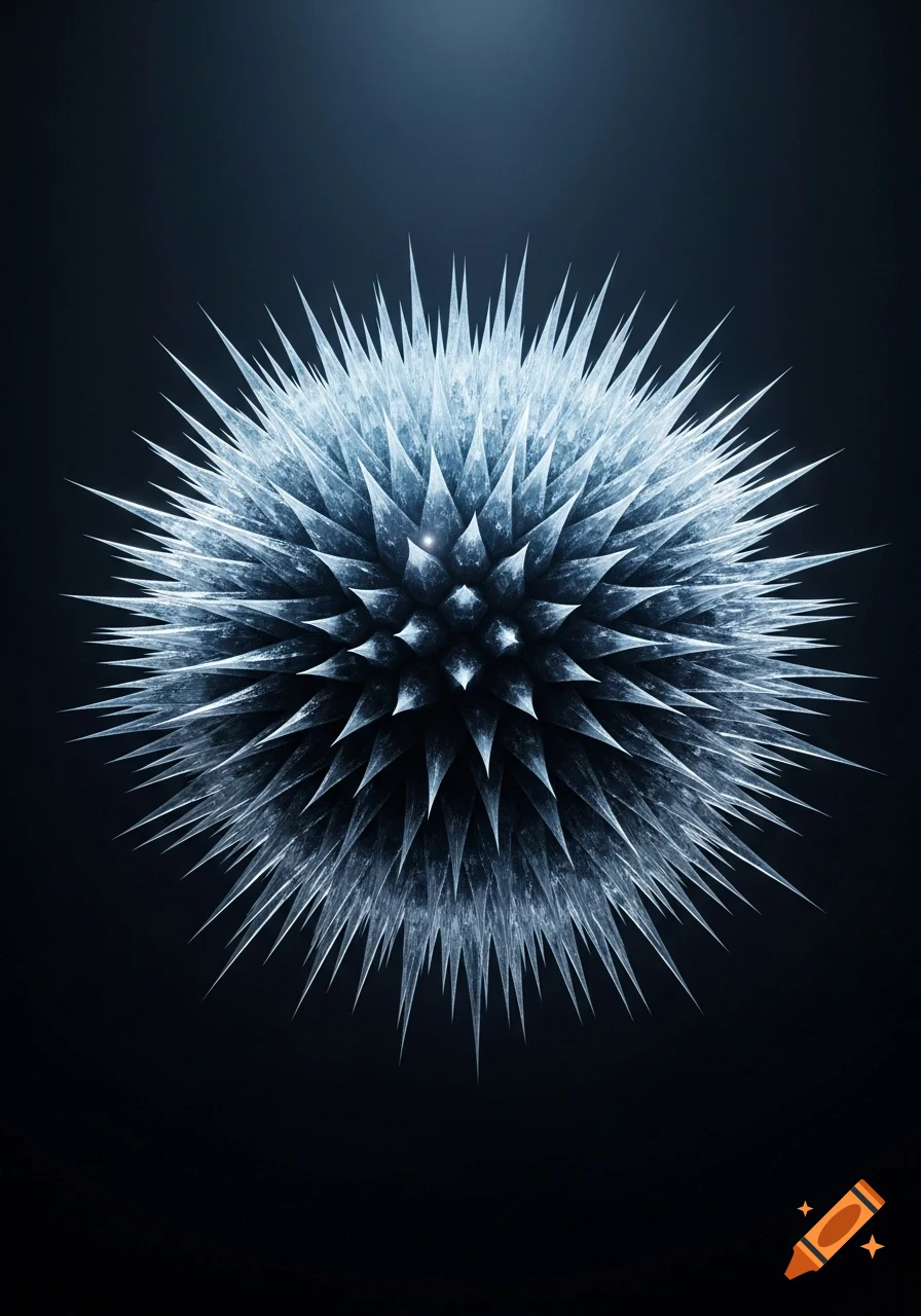 A symmetrical spiky crystalline sphere with blue and white hues glows against a dark background.