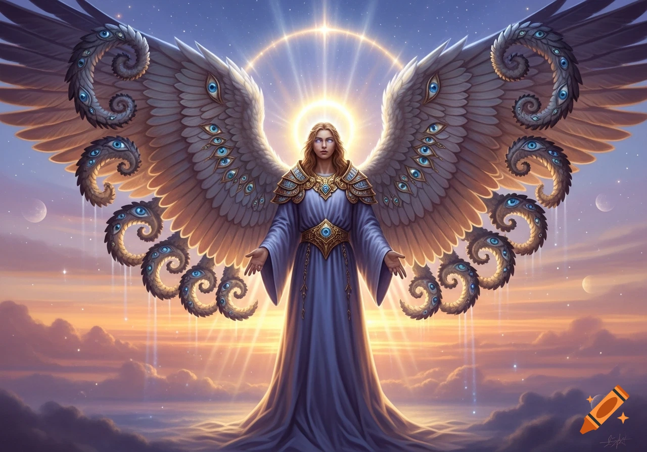 A majestic, biblically accurate angel with multiple eyes on its large wings, glowing against a vibrant sunset sky with clouds and celestial bodies.