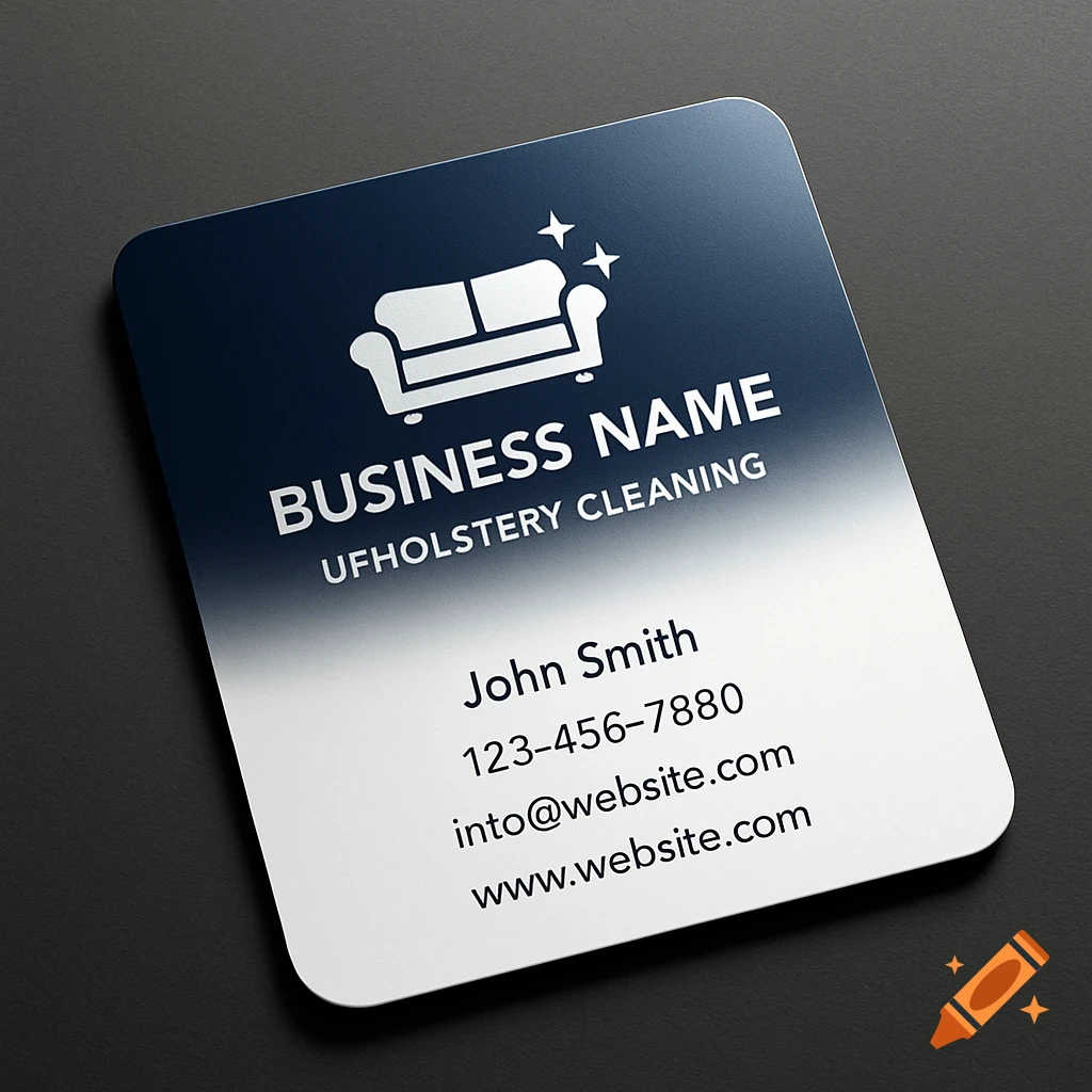 A modern business card for upholstery cleaning with a sofa icon, a blue to white gradient, and placeholder contact information.