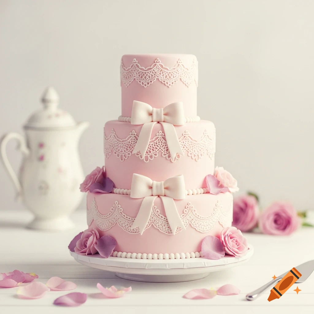 A three-tiered light pink cake decorated with white lace piping, white bows, and pink rose petals, on a white cake stand, with a blurred teapot in the background.