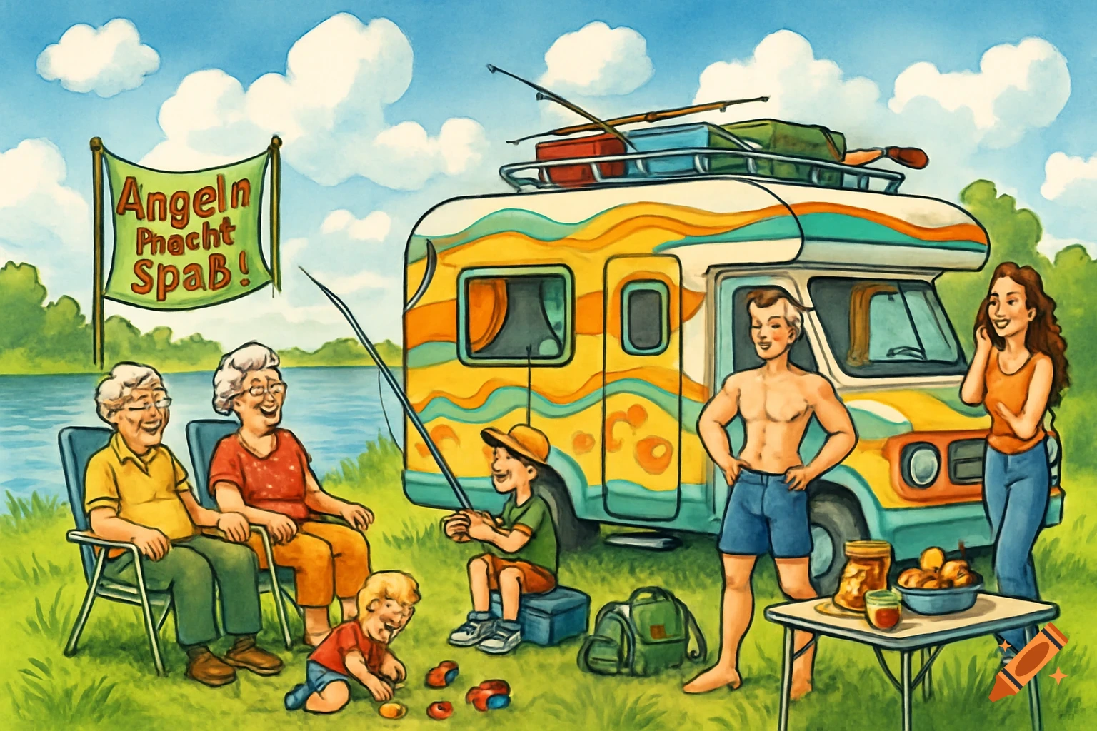 Watercolor illustration of a family camping by a lake with a colorful camper van, fishing and playing.