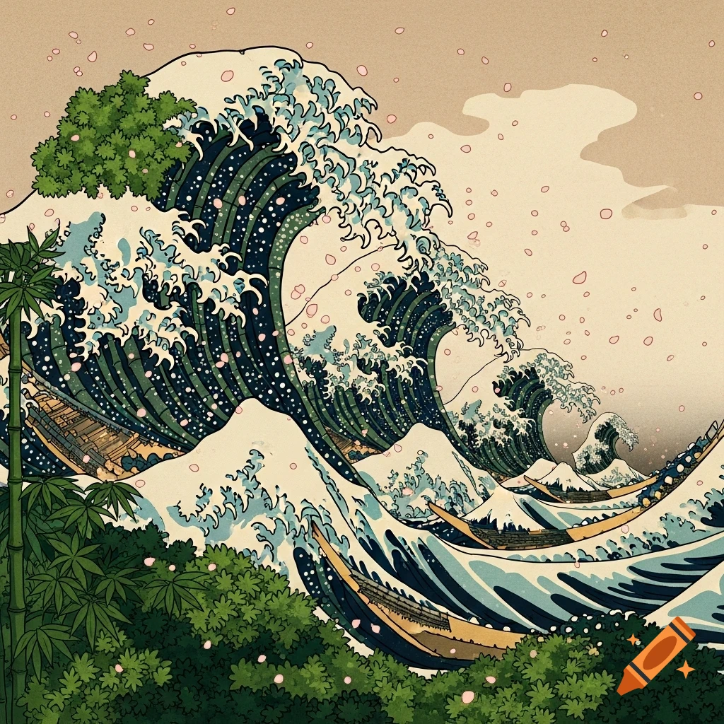 Ukiyo-e style art depicting giant waves made of Japanese forests with boats, bamboo, and falling cherry blossoms.