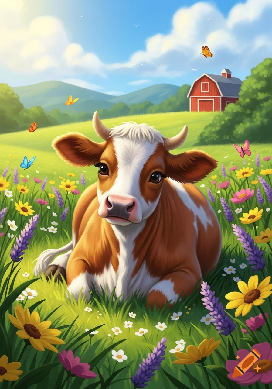 A cute cartoon cow with brown and white markings lies in a lush green meadow filled with colorful flowers and butterflies, with a red barn in the distance under a blue sky.