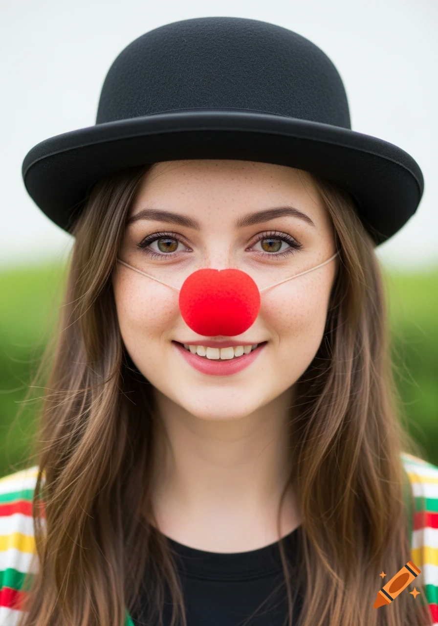 Close-up of a young woman with freckles, smiling and wearing a red clown nose and a black bowler hat, looking at the viewer.