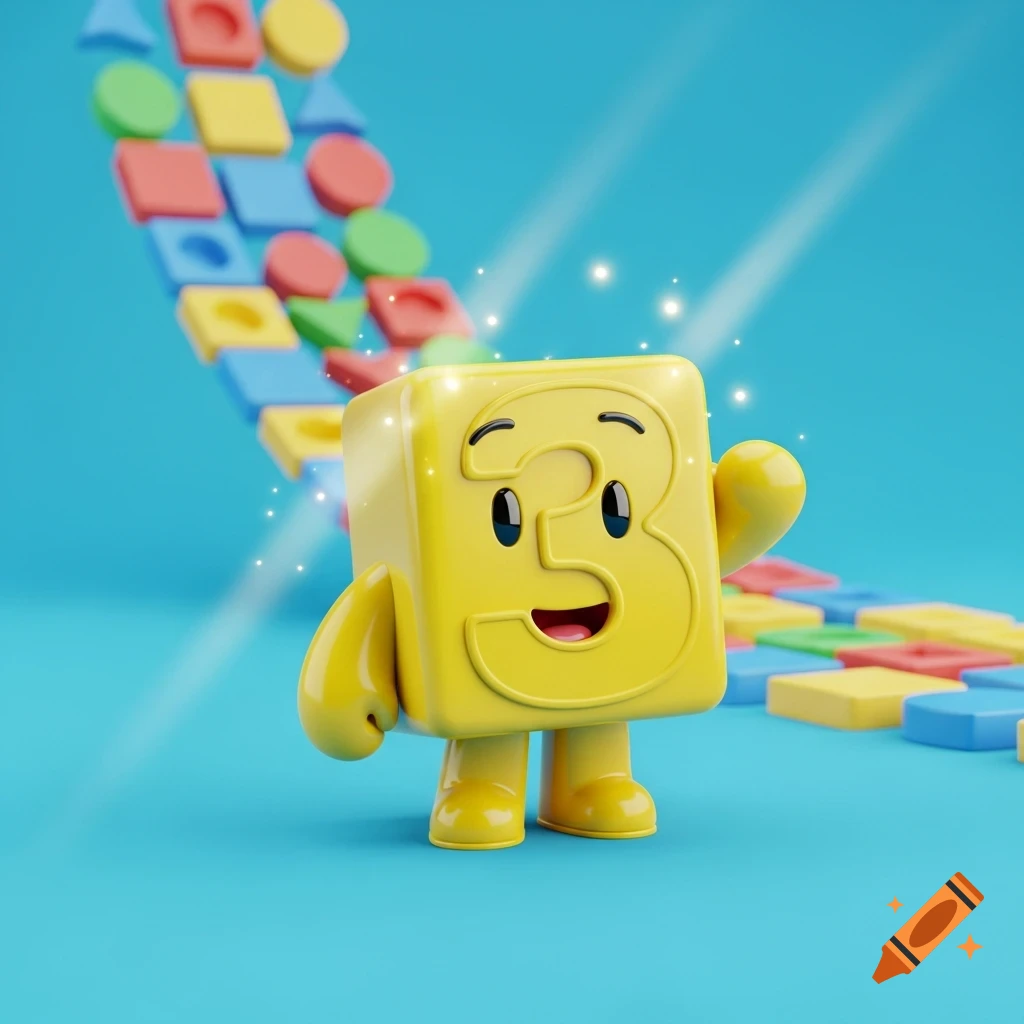 A yellow cartoon number 3 character with a happy face and arms, surrounded by colorful geometric blocks, set against a blue background.
