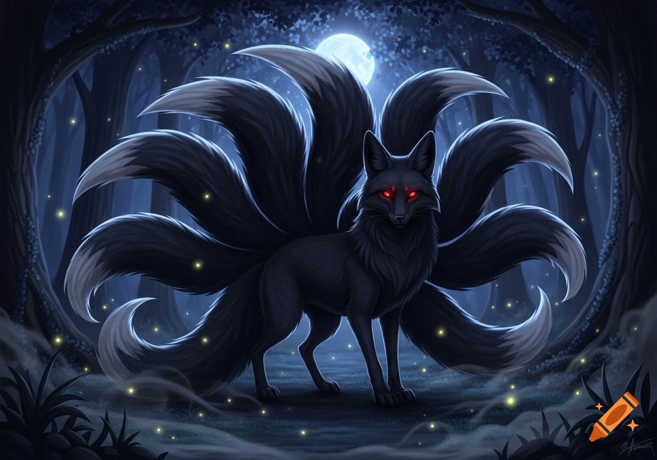 A digital painting of a black nine-tailed fox with glowing red eyes in a dark forest under a full moon, with fireflies.