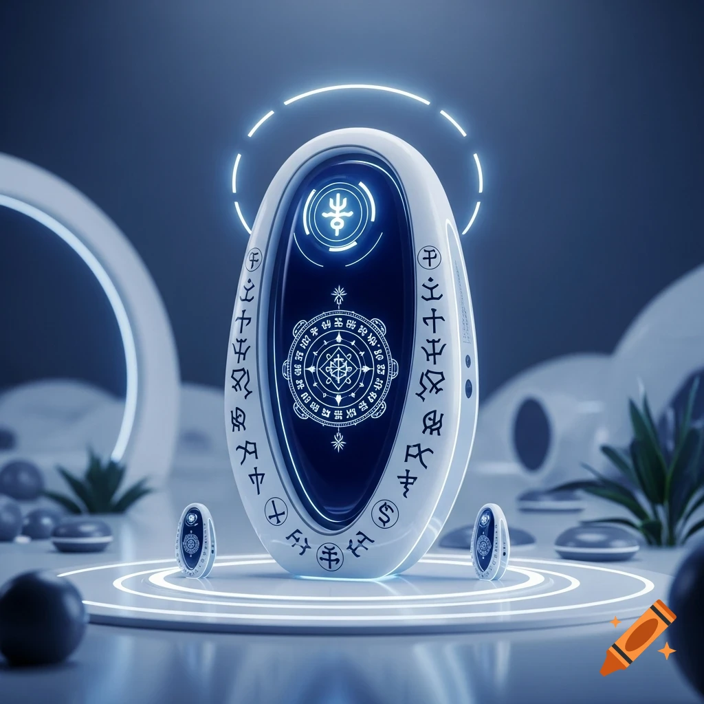 A white, oval futuristic AI object with glowing blue symbols and ancient script, standing on a platform in a utopian sci-fi environment.