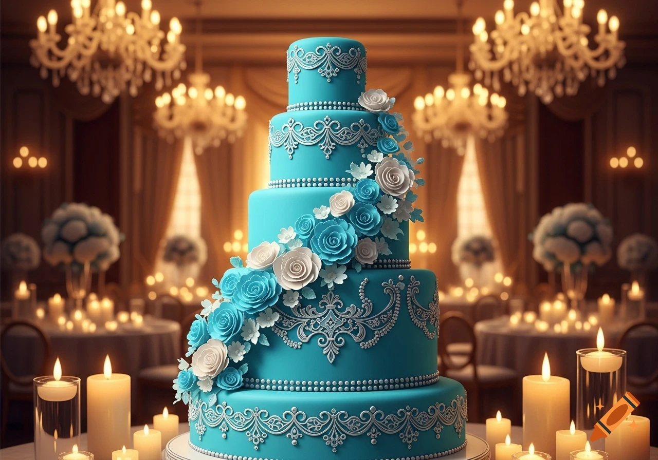 A stunning tiered turquoise wedding cake decorated with white and blue roses and lace patterns, surrounded by flickering candles in a grand ballroom.