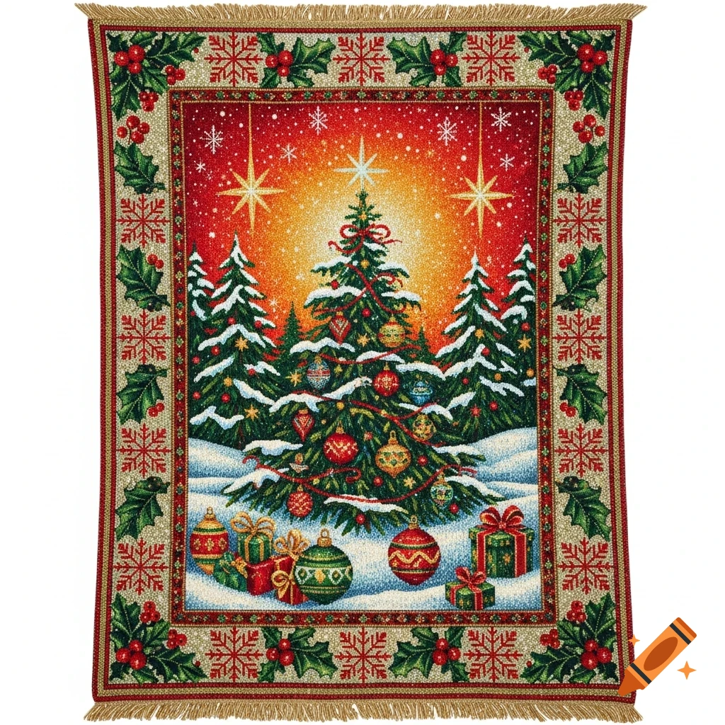 A festive Christmas tapestry featuring a decorated tree, snow-covered pines, gifts, and a star, bordered by holly and snowflakes.