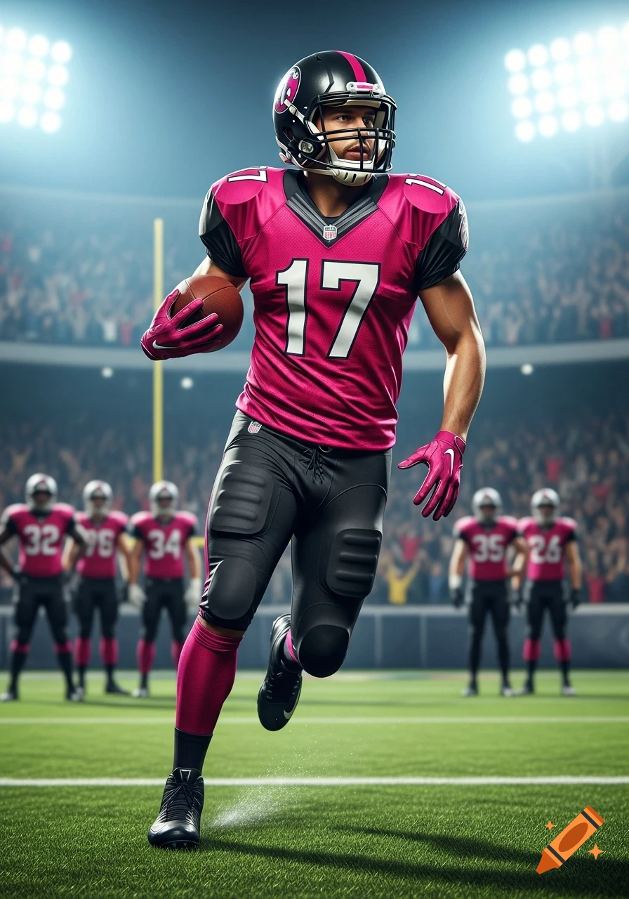 A male American football player in a pink and black uniform, number 17, runs with a football on a stadium field, with other players in the background.
