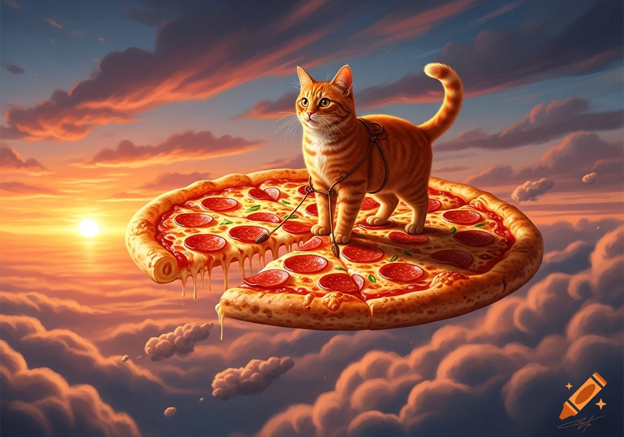 An orange tabby cat with a harness stands on a large pepperoni pizza floating above clouds during a vibrant sunset.