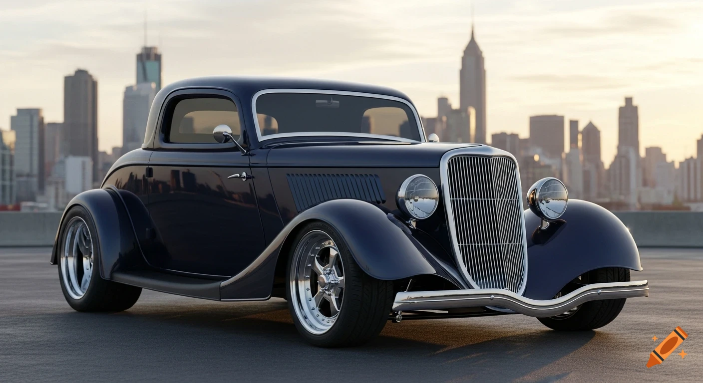 A dark blue classic hot rod with chrome accents parked on a rooftop, with a cityscape and sunset in the background.