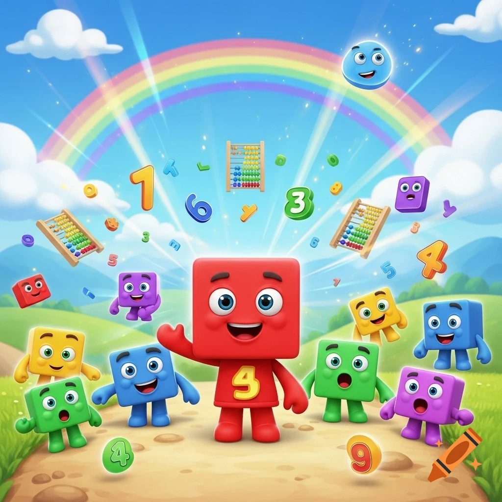 A group of colorful, smiling block characters and numbers under a rainbow in a vibrant, cartoon-style educational scene.