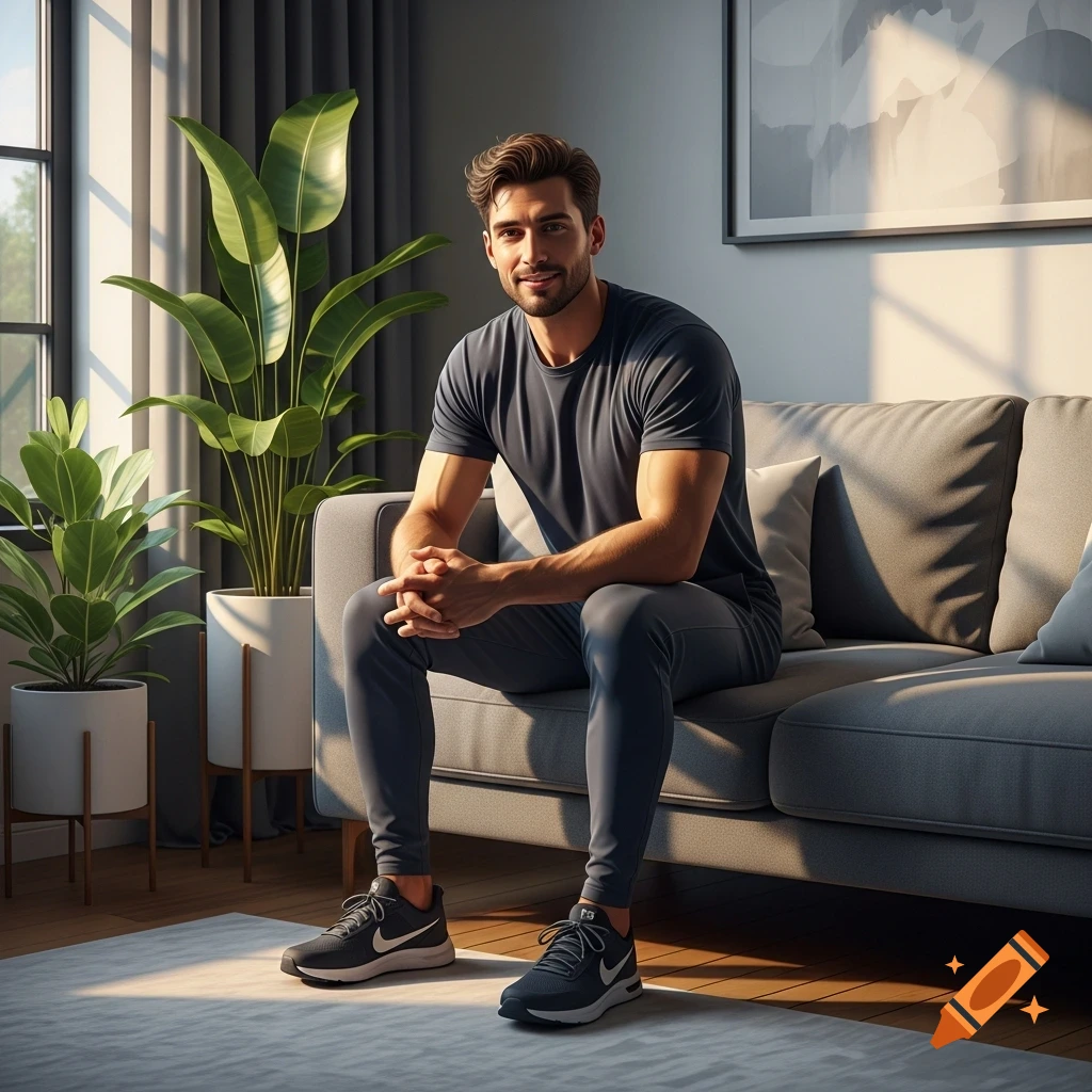 A man with a sports build sits on a couch indoors, looking at the camera. He wears a dark grey t-shirt and sweatpants with black Nike sneakers. Large green plants are visible near a window with bright sunlight.