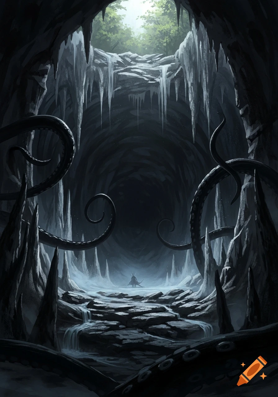 Dark, ominous cave with large tentacles, icicles, rocky formations, and a small cloaked figure. Light filters in from a forest opening above.