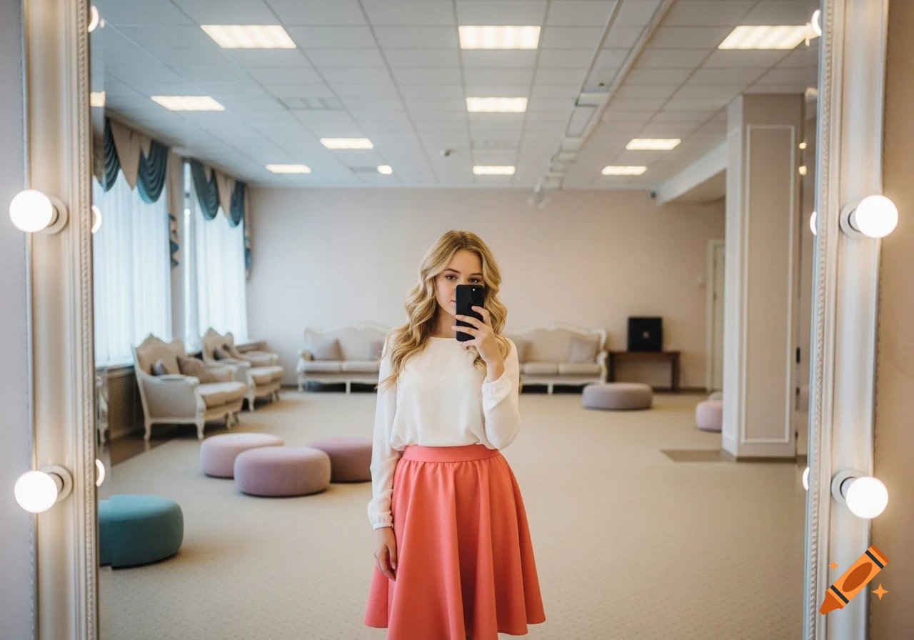 A blonde woman in a white blouse and coral skirt takes a selfie in a large room with a vanity mirror.