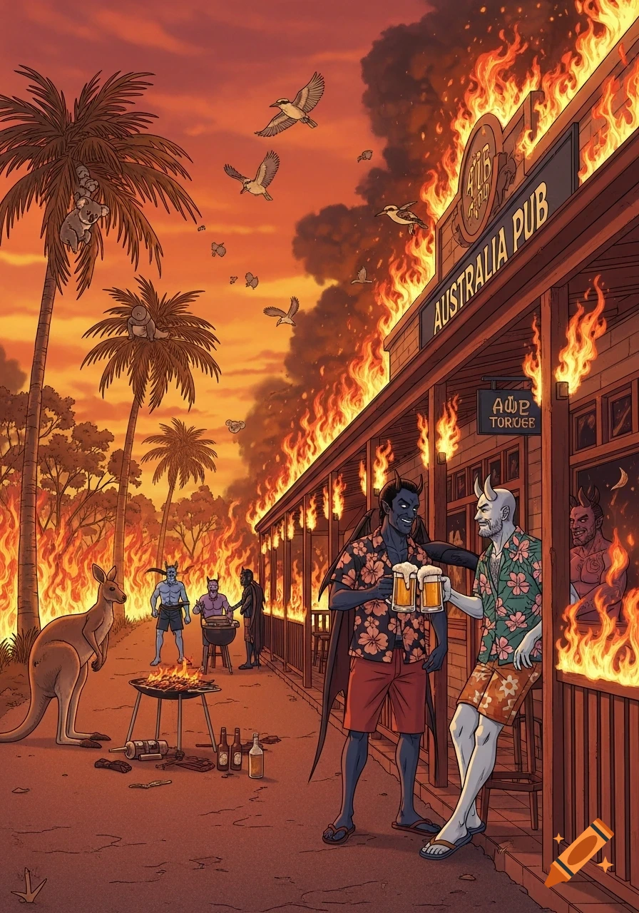 Cartoon of two devils clinking beers outside a burning 'Australia Pub' as animals flee a bushfire, with other demons enjoying a BBQ.