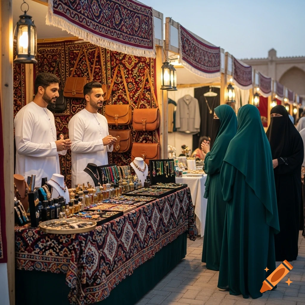 Two men in white thobes sell perfumes, jewelry, and bags at a market stall to women in green hijabs, photorealistic.